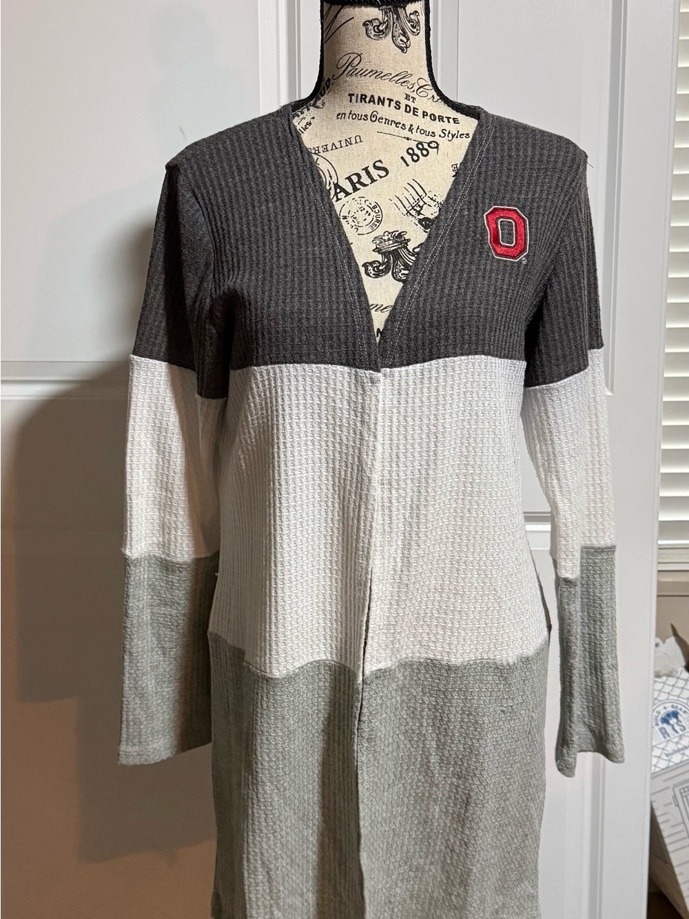 Ohio Stare Colorblock Waffle-Knit Long Cardigan Sweater - Gray/White/Light Gray